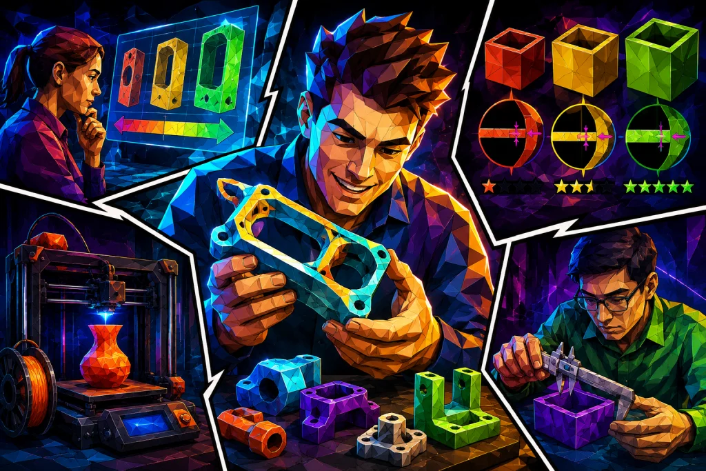 vaggtjocklek-3d-print-pris-effekt Färgstark comic-inspirerad illustration av väggtjocklek i 3D print med tekniska delar, mätverktyg, 3D printer och visuella jämförelser av styrka och materialförbrukning.