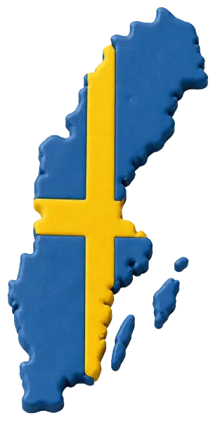 3D-modell av Sverige med blå yta och gult kors inspirerat av den svenska flaggan, med separata öar på svart bakgrund